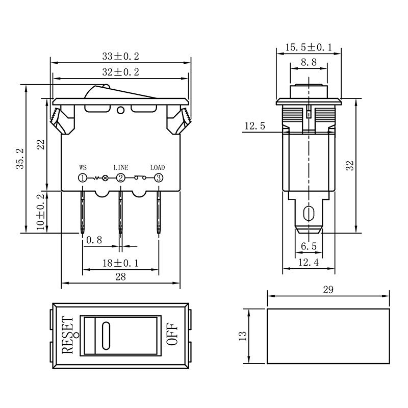 Выключатель - автомат клавишный 250V 15А (3с) RESET-OFF красный  с подсветкой  REXANT - Фото 2