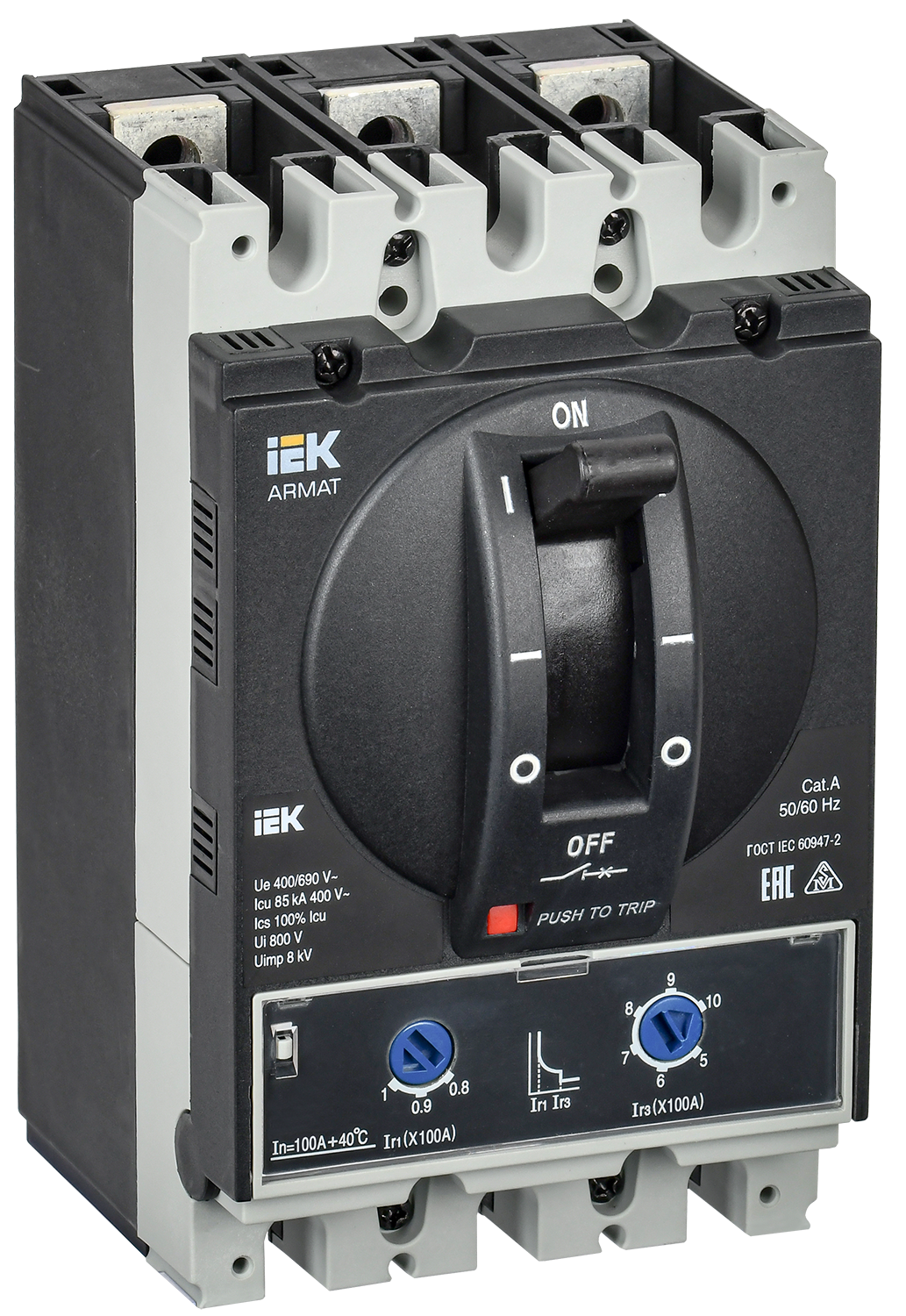 ARMAT Автоматический выключатель в литом корпусе 3P типоразмер A 85кА 100А расцепитель термомагнитный регулируемый IEK AR-MCCB-3A-085-0100A-ATUC