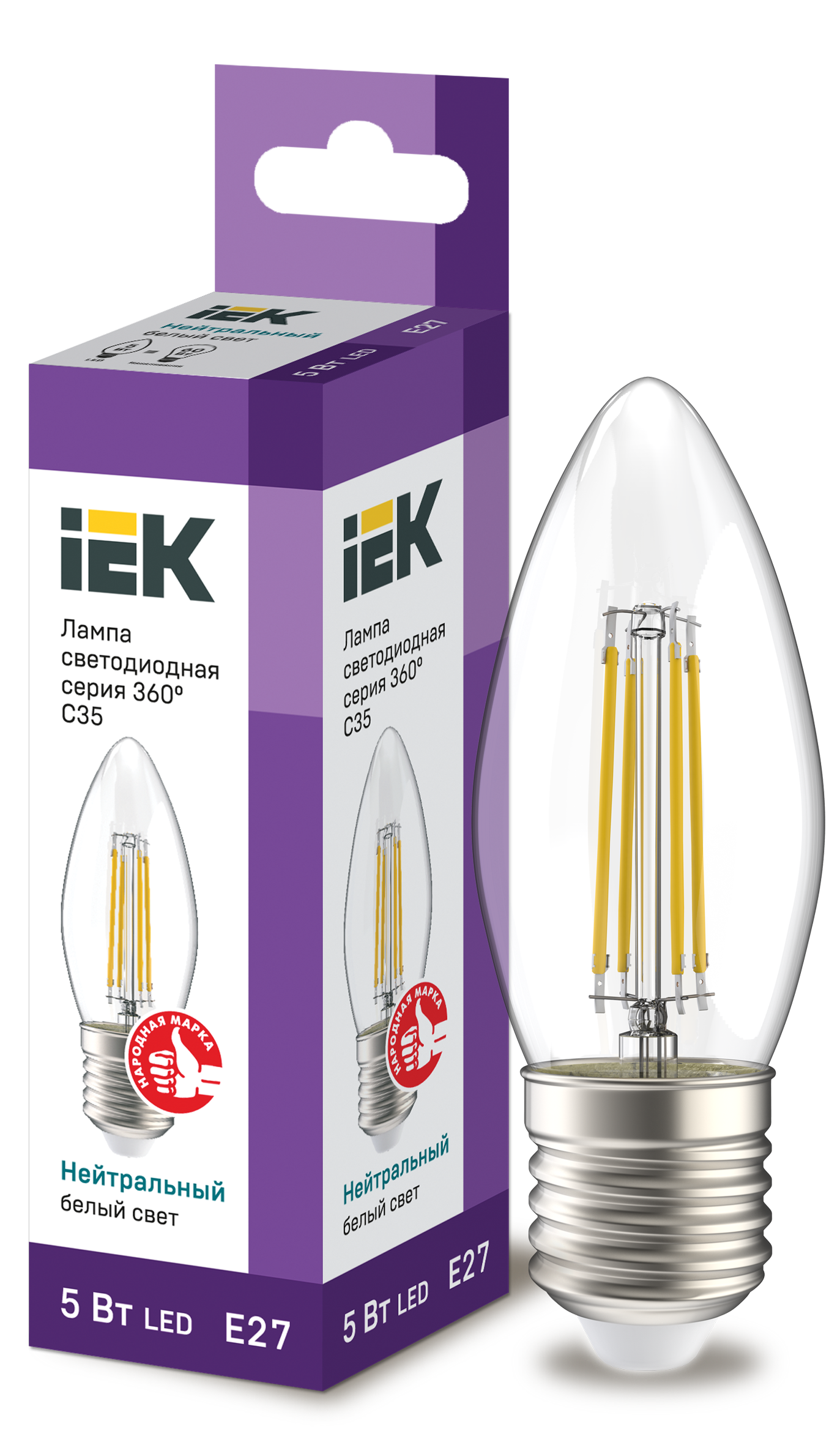 Лампа светодиодная C35 свеча прозрачная 5Вт 230В 4000К E27 серия 360° IEK LLF-C35-5-230-40-E27-CL