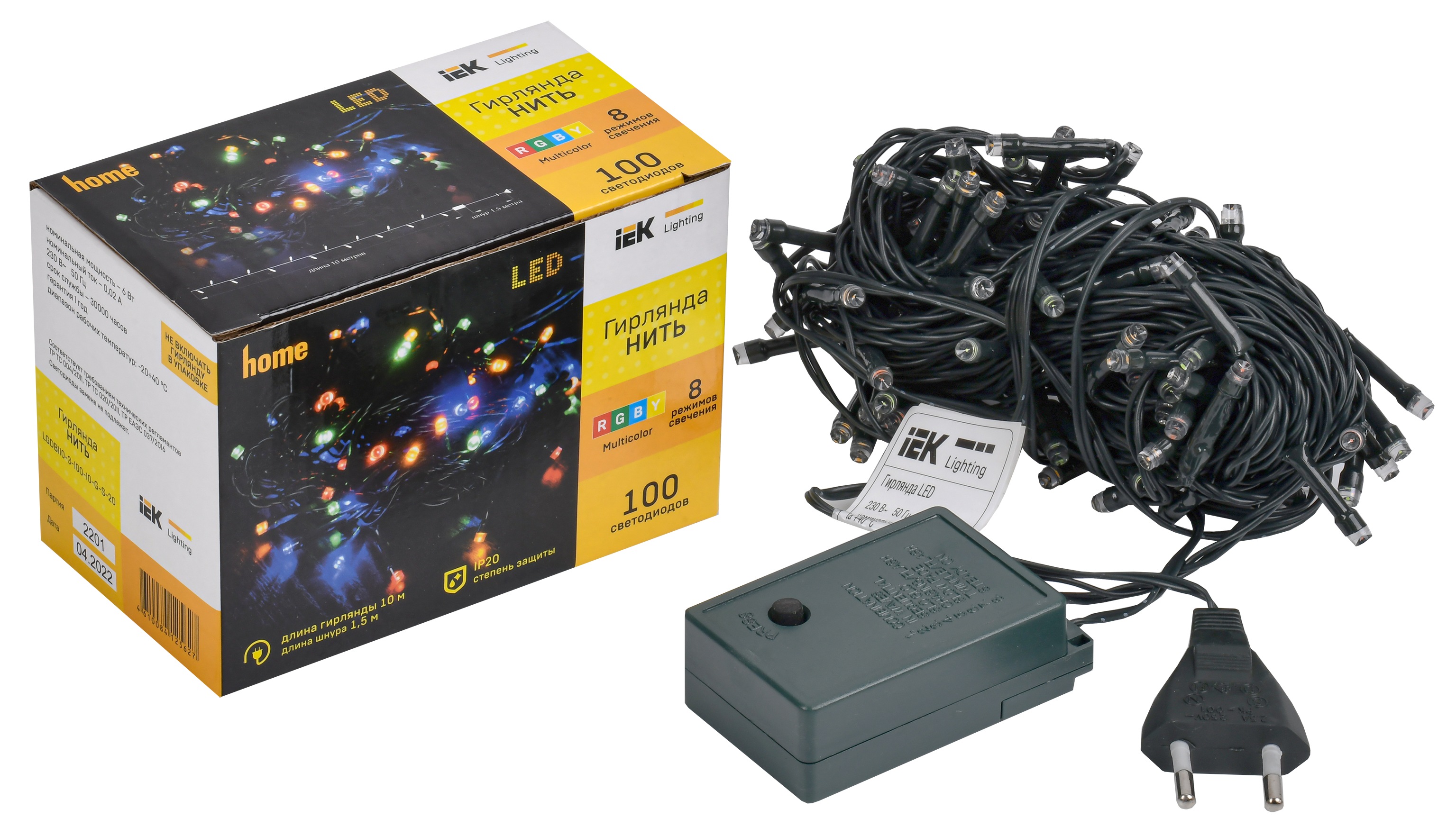LIGHTING Гирлянда нить 10м 100 светодиодов RGB IP20 зеленый шнур 1,5м 230В контроллер 8 сцен IEK - Фото 2