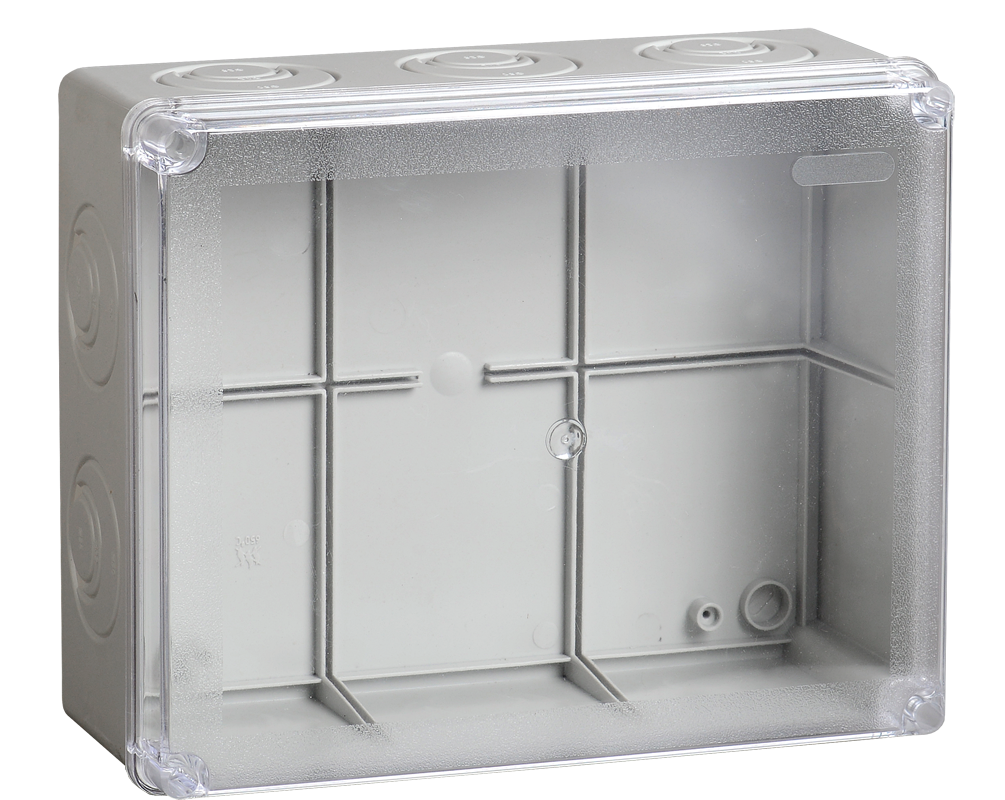 Коробка распаячная КМ41275 для открытой проводки безгалогенная (HF) 240х195х90мм с прозрачной крышкой IP44 5 вводов RAL 7035 IEK UKO10-240-195-090-K51-44