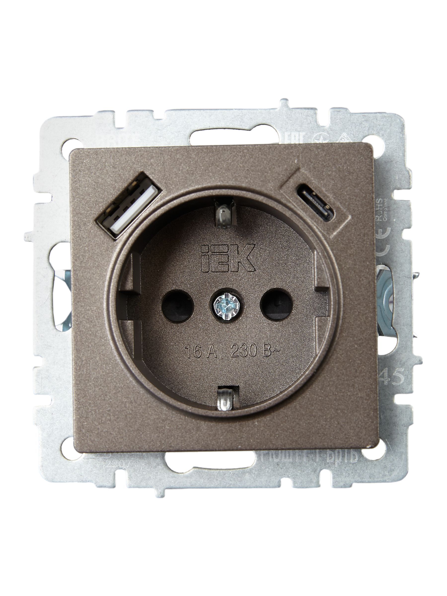 BRITE Розетка 1-местная с заземлением с защитными шторками 16А с USB A+C 18Вт РЮш11-1-БрТБ темная бронза IEK - Фото 5