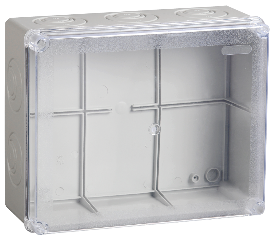 Коробка распаячная КМ41276 для открытой проводки безгалогенная (HF) 240х195х90мм с прозрачной крышкой IP55 5 вводов RAL 7035 IEK UKO10-240-195-090-K51-55