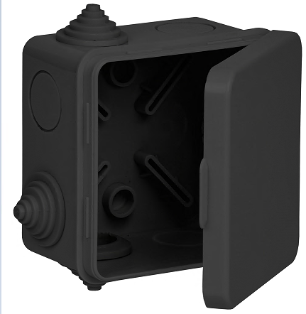 Коробка распаячная КМ41238 для открытой проводки с откидной крышкой безгалогенная (HF) 80х80х50мм IP54 7 гермовводов черная (RAL 9005) IEK UKO31-080-080-050-K02-54