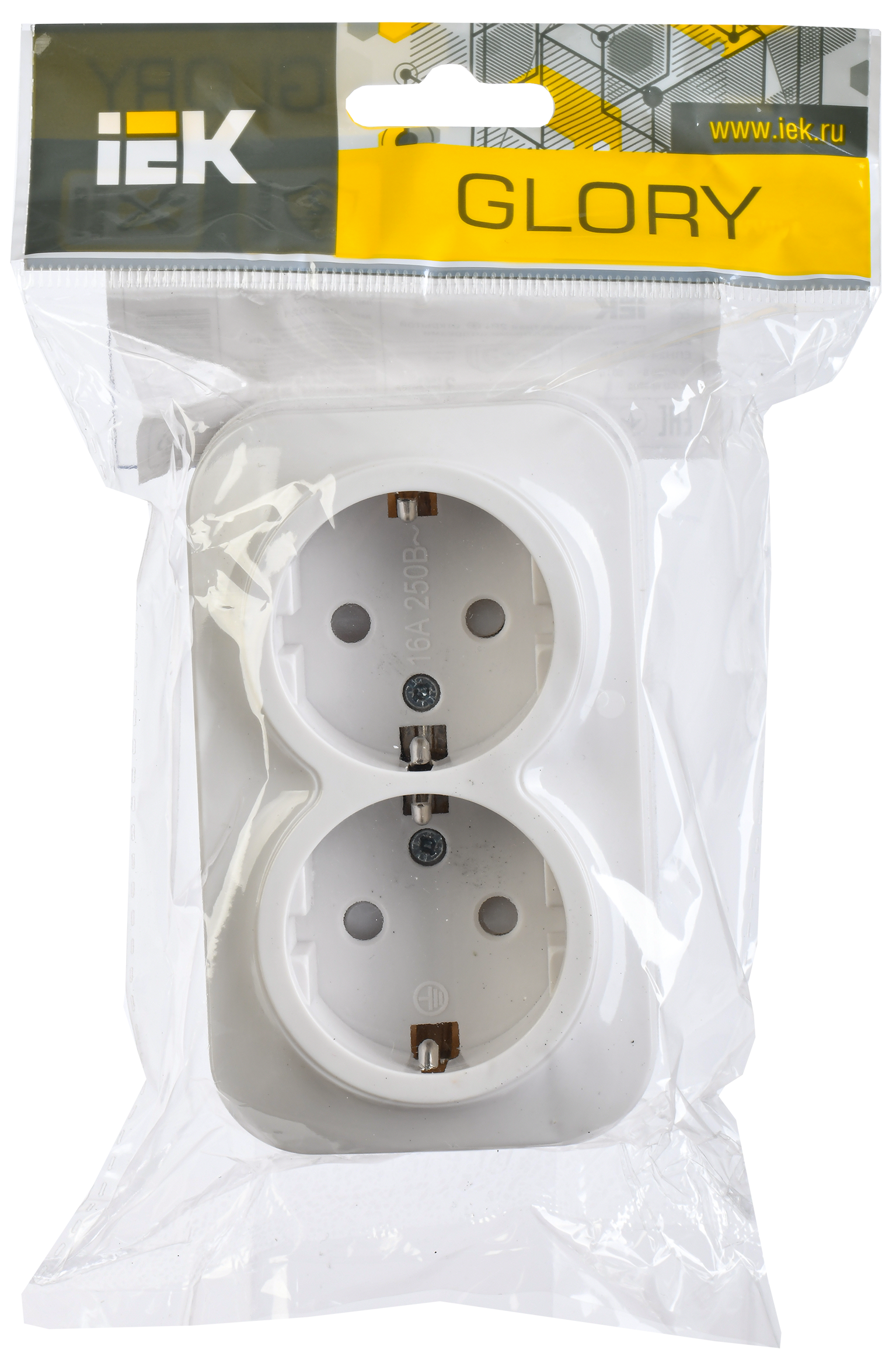 GLORY Розетка 2-местная для открытой установки с заземлением с защитными шторками 16А РСш22-3-ХБ белый IEK - Фото 2
