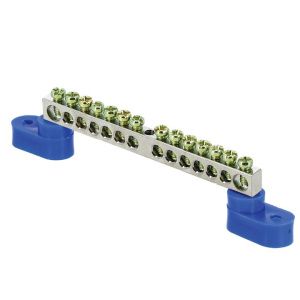 Шина "0" N (6x9мм) 14 отв. цинк 2 синих угловых изолятора EKF sn1-63-14-2