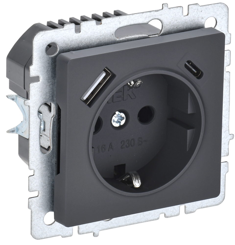 BRITE Розетка 1-местная с заземлением с защитными шторками 16А с USB A+C 18Вт РЮш11-1-БрГ графит IEK