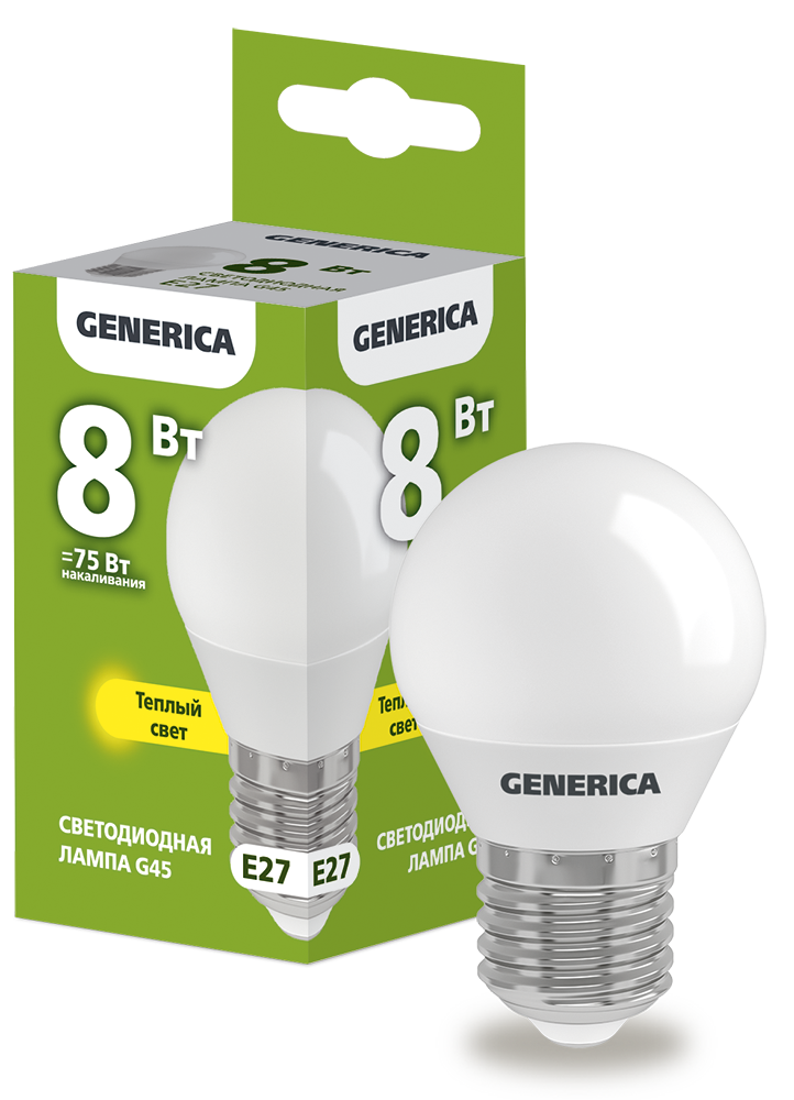 Лампа светодиодная G45 шар 8Вт 230В 3000К E27 GENERICA LL-G45-08-230-30-E27-G