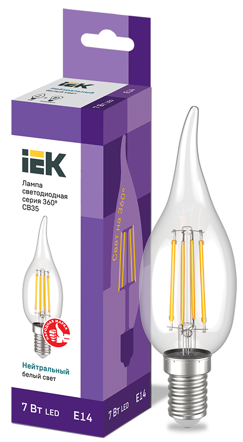 Лампа светодиодная CВ35 свеча на ветру прозрачная 7Вт 230В 4000К E14 серия 360° IEK LLF-CB35-7-230-40-E14-CL