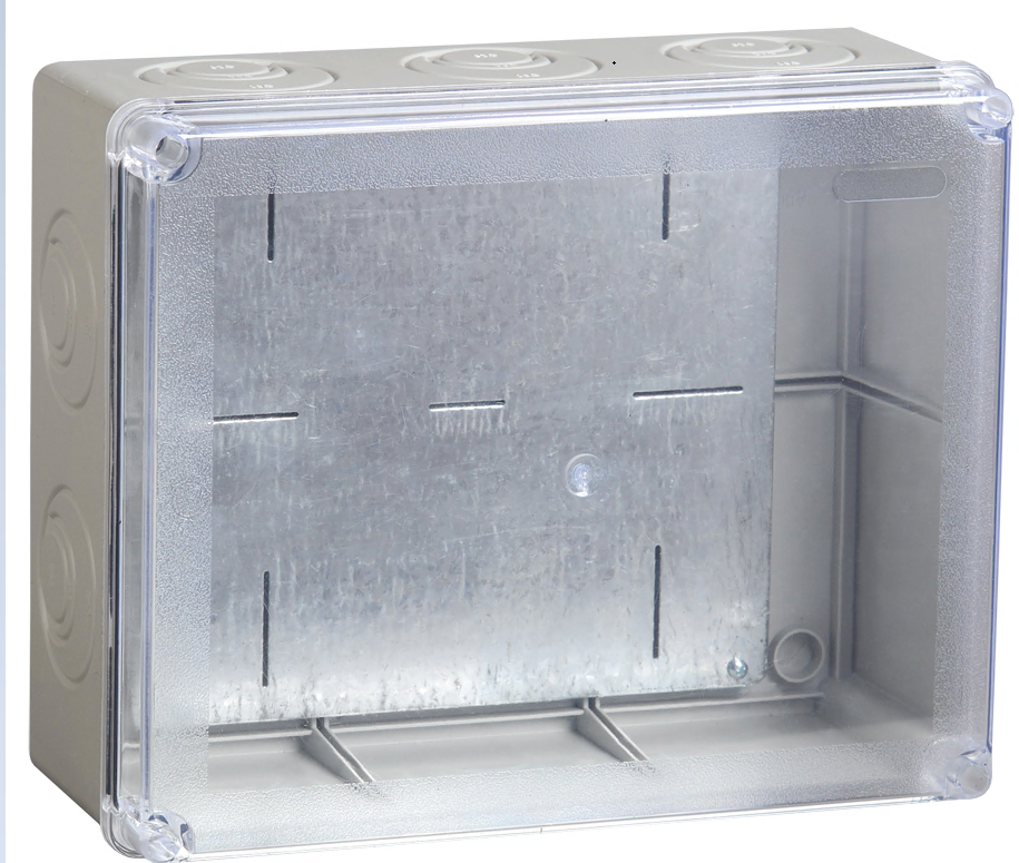 Коробка распаячная КМ41346 для открытой проводки безгалогенная (HF) 240х195х90мм с монтажной платой с прозрачной крышкой IP55 5 вводов серая IEK UKO10-240-195-090-K53-55