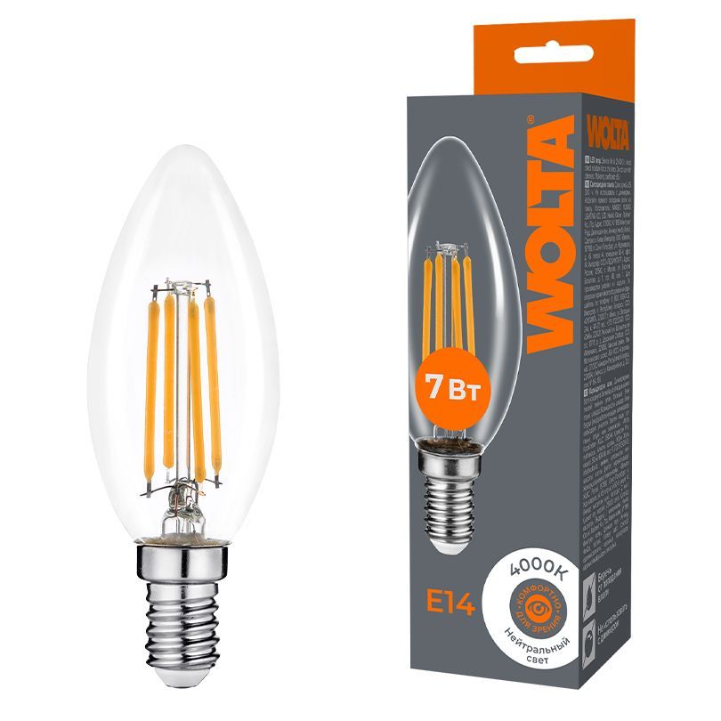 Светодиодная лампа WOLTA Filament, AC 220-240В, 50/60 Гц, прозрачное стекло, "Свеча", C35, E14, 7 Вт, 630 лм, 4000 К, 1/10/100 WF-C35-7W4KE14