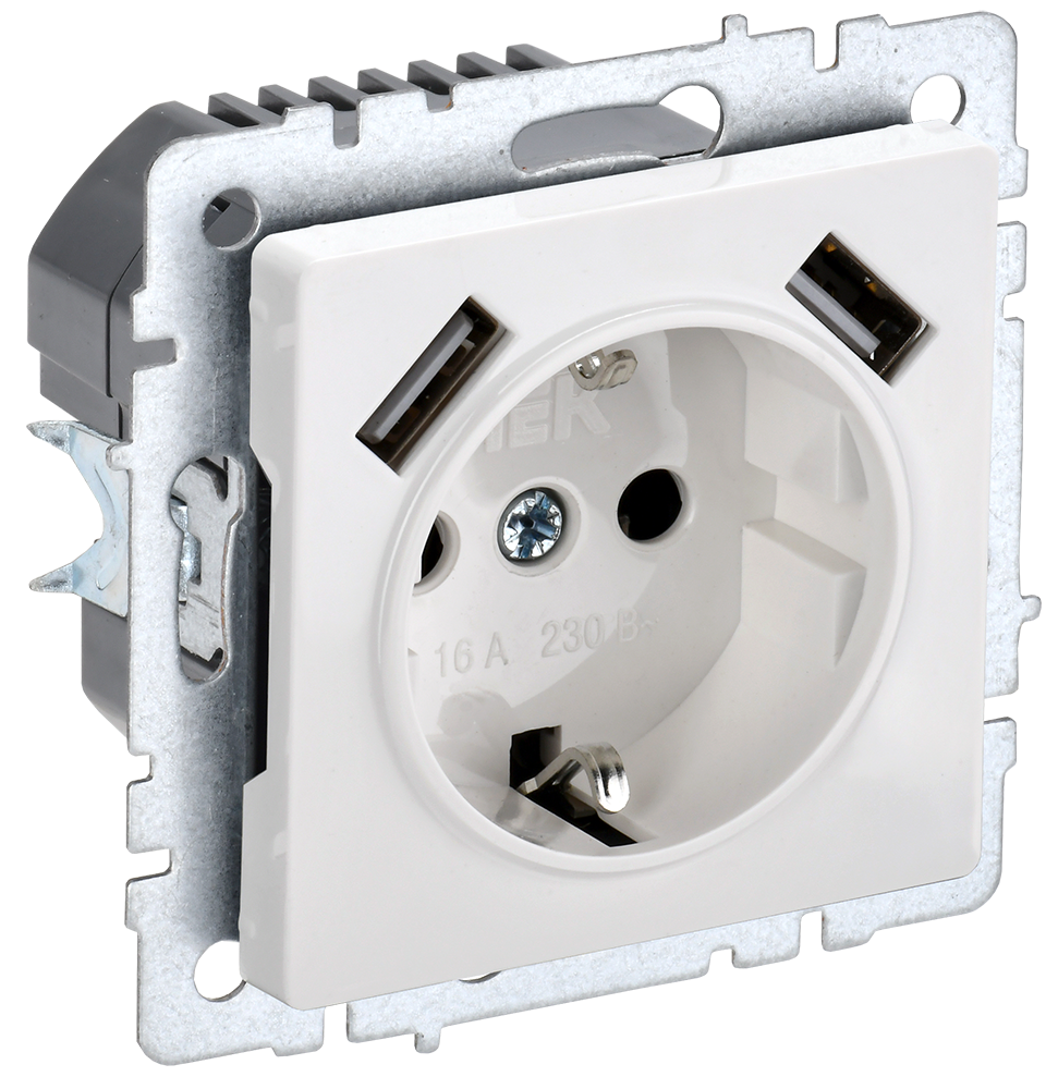 BRITE Розетка 1-местная с заземлением с защитными шторками 16А с USB A+A 5В 2,1А РЮш10-1-БрБ белый IEK BR-R14-16-U21-D21-K01