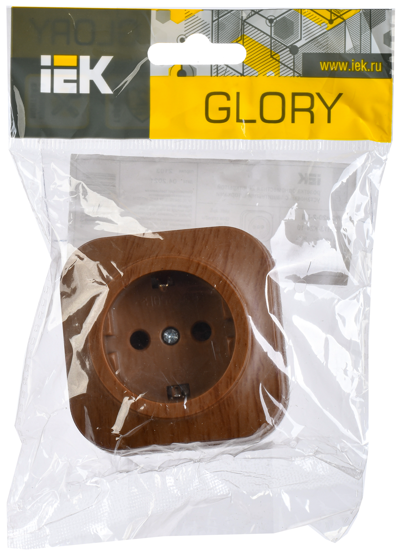 GLORY Розетка 1-местная для открытой установки с заземлением без защитных шторок 16А РС20-3-ХД дуб IEK - Фото 2