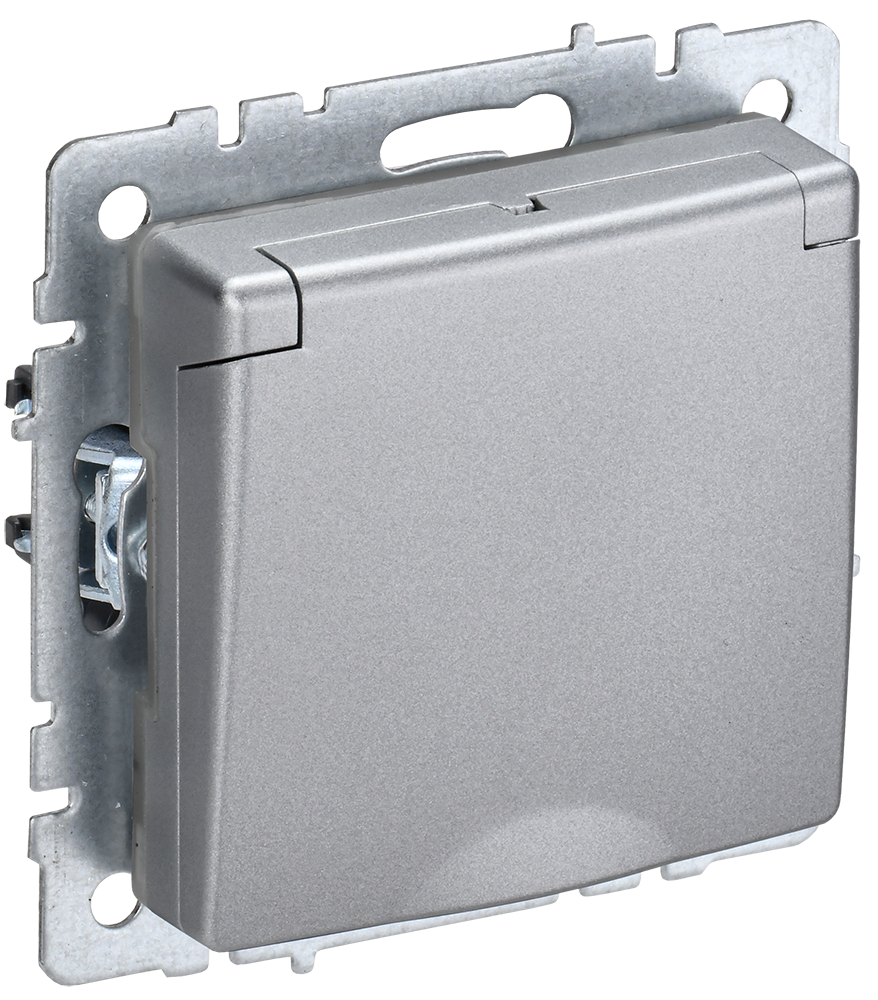 BRITE Розетка 1-местная с заземлением с защитными шторками и крышкой 16А IP44 РСбш10-3-44-БрА алюминий IEK BR-R16-16-44-K47