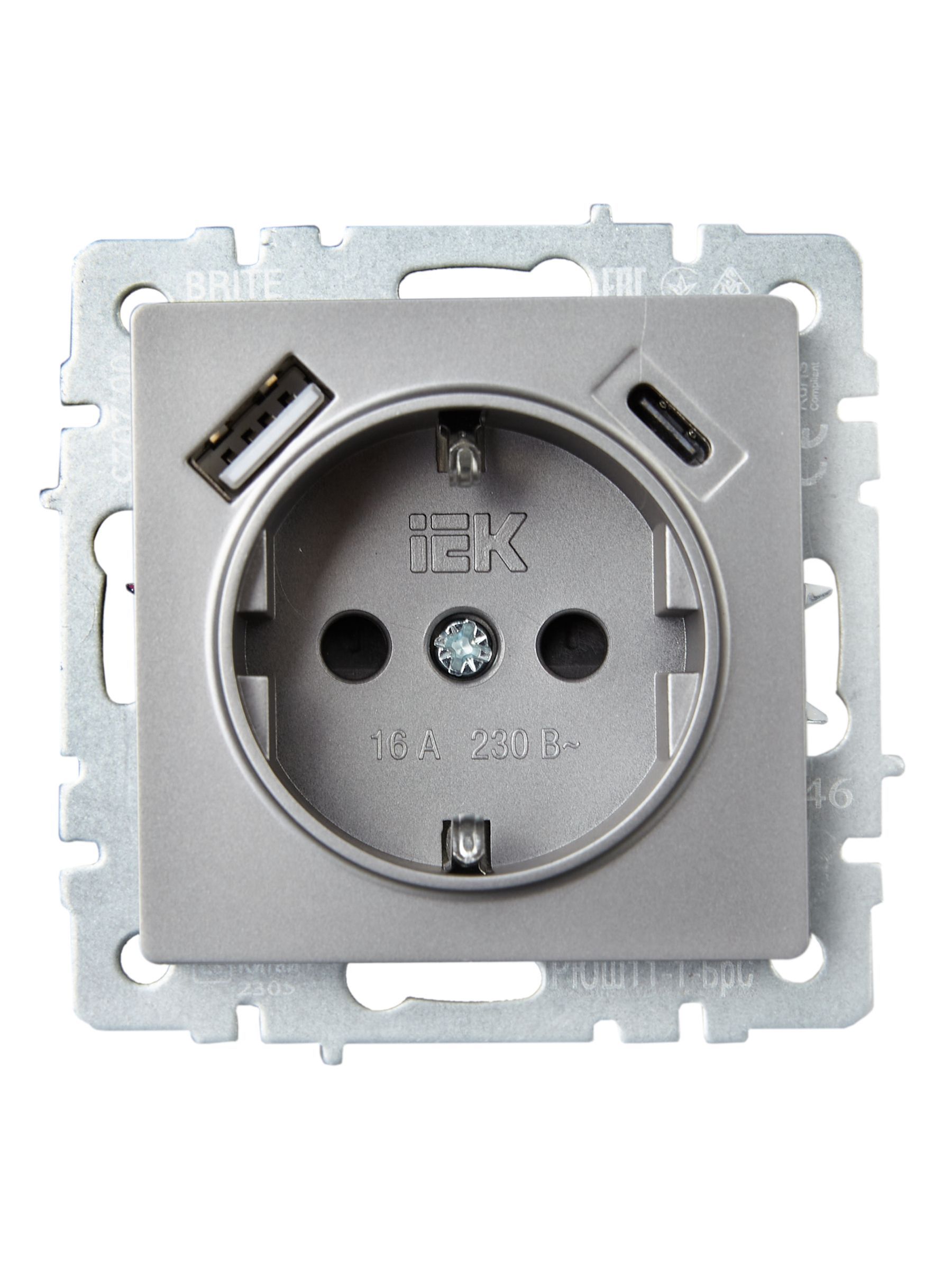 BRITE Розетка 1-местная с заземлением с защитными шторками 16А с USB A+C 18Вт РЮш11-1-БрС сталь IEK - Фото 4