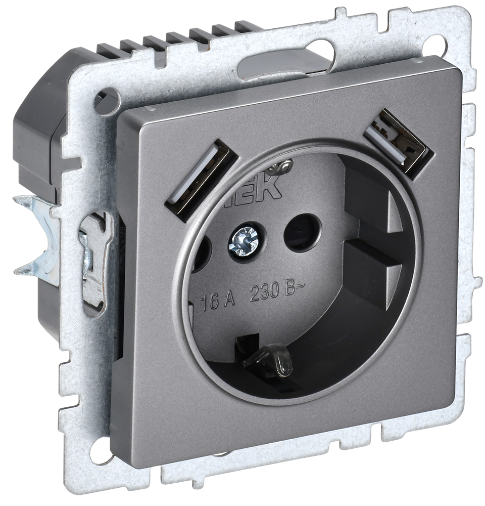 BRITE Розетка 1-местная с заземлением с защитными шторками 16А с USB A+A 5В 2,1А РЮш10-1-БрС сталь IEK BR-R14-16-U21-D21-K46