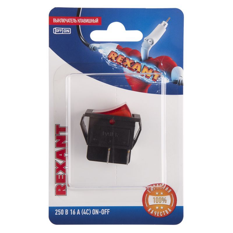 Выключатель клавишный 250V 16А (4с) ON-OFF красный  с подсветкой (RWB-502, SC-767, IRS-201-1)  REXANT (в упак. 1шт.) 06-0303-B