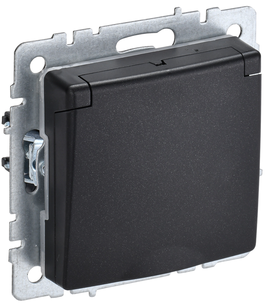 BRITE Розетка 1-местная с заземлением с защитными шторками и крышкой 16А IP20 РСбш10-3-БрЧ черный IEK BR-R16-16-K02