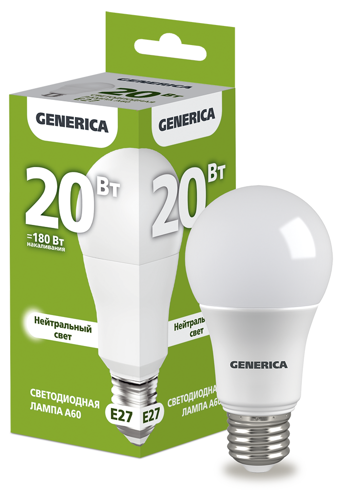 Лампа светодиодная A60 груша 20Вт 230В 4000К E27 GENERICA LL-A60-20-230-40-E27-G