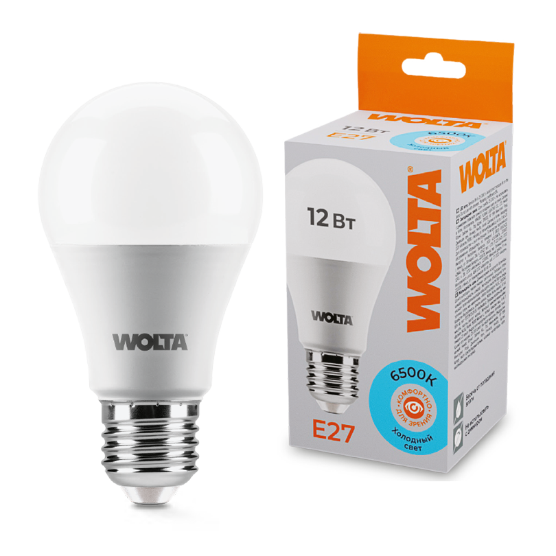 Лампа светодиодная "Груша" A60 12Вт 1000лм 6500К Е27 (50шт/уп) WOLTA 25W60BL12E27