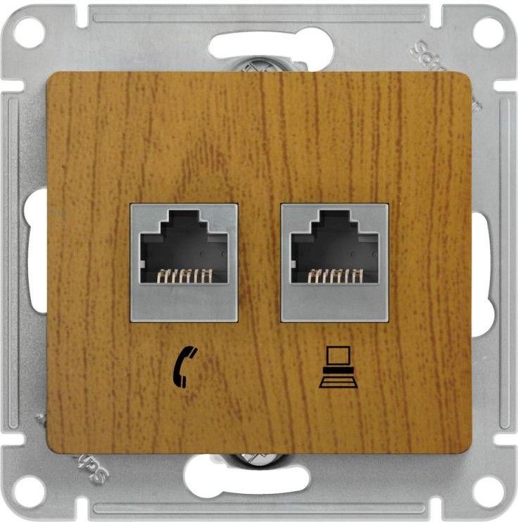 Розетка компьютерная + телефонная 2-м СП Glossa RJ45 + RJ11 кат.5E механизм дерево дуб SE GSL000585