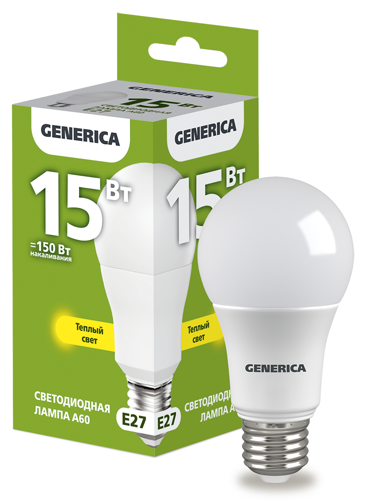 Лампа светодиодная A60 груша 15Вт 230В 3000К E27 GENERICA LL-A60-15-230-30-E27-G
