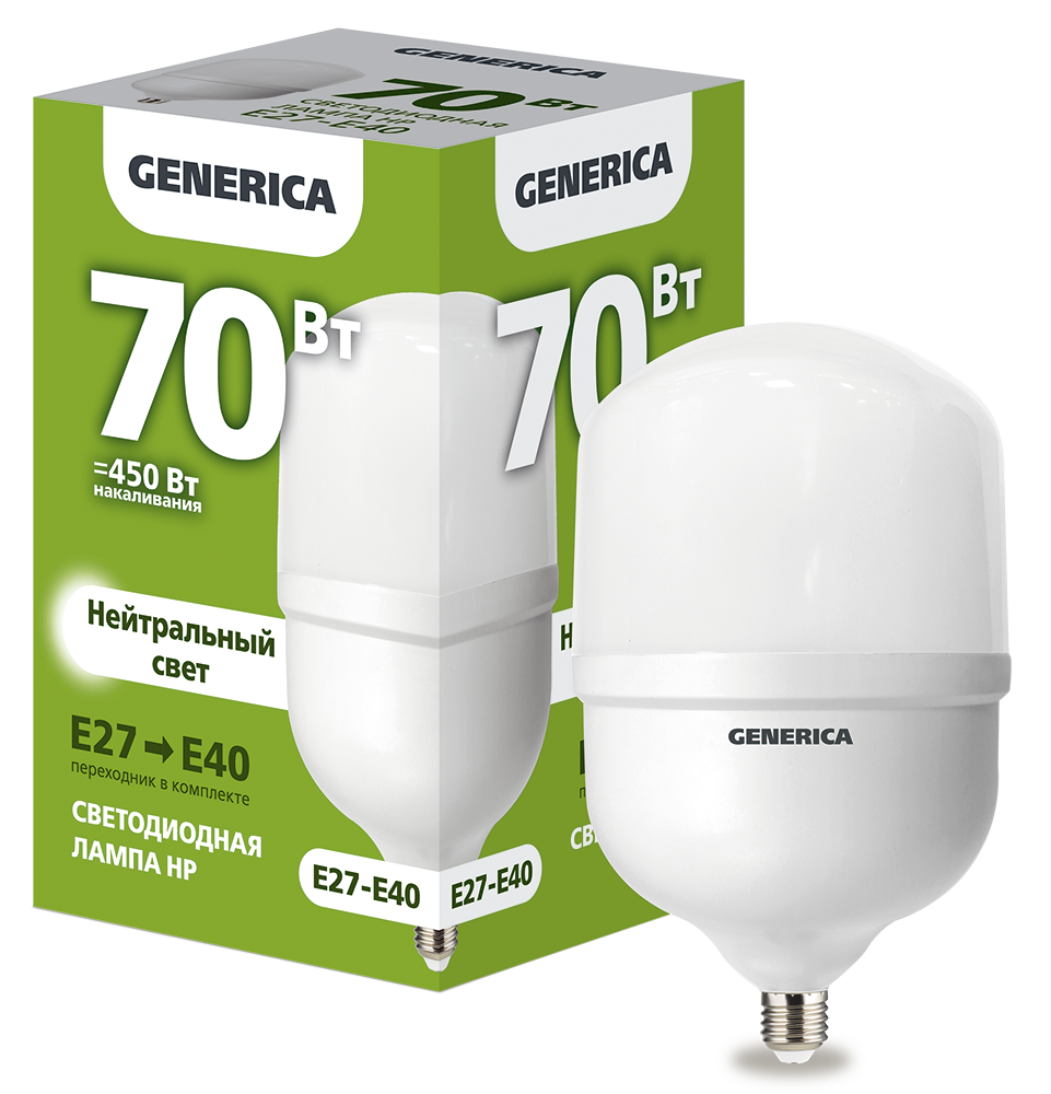 Лампа светодиодная HP 70Вт 230В 4000К E27-E40 GENERICA LL-HP-70-230-40-E27-E40-G