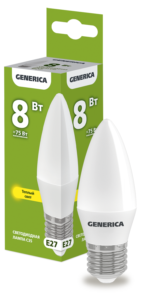 Лампа светодиодная C35 свеча 8Вт 230В 3000К E27 GENERICA LL-C35-08-230-30-E27-G