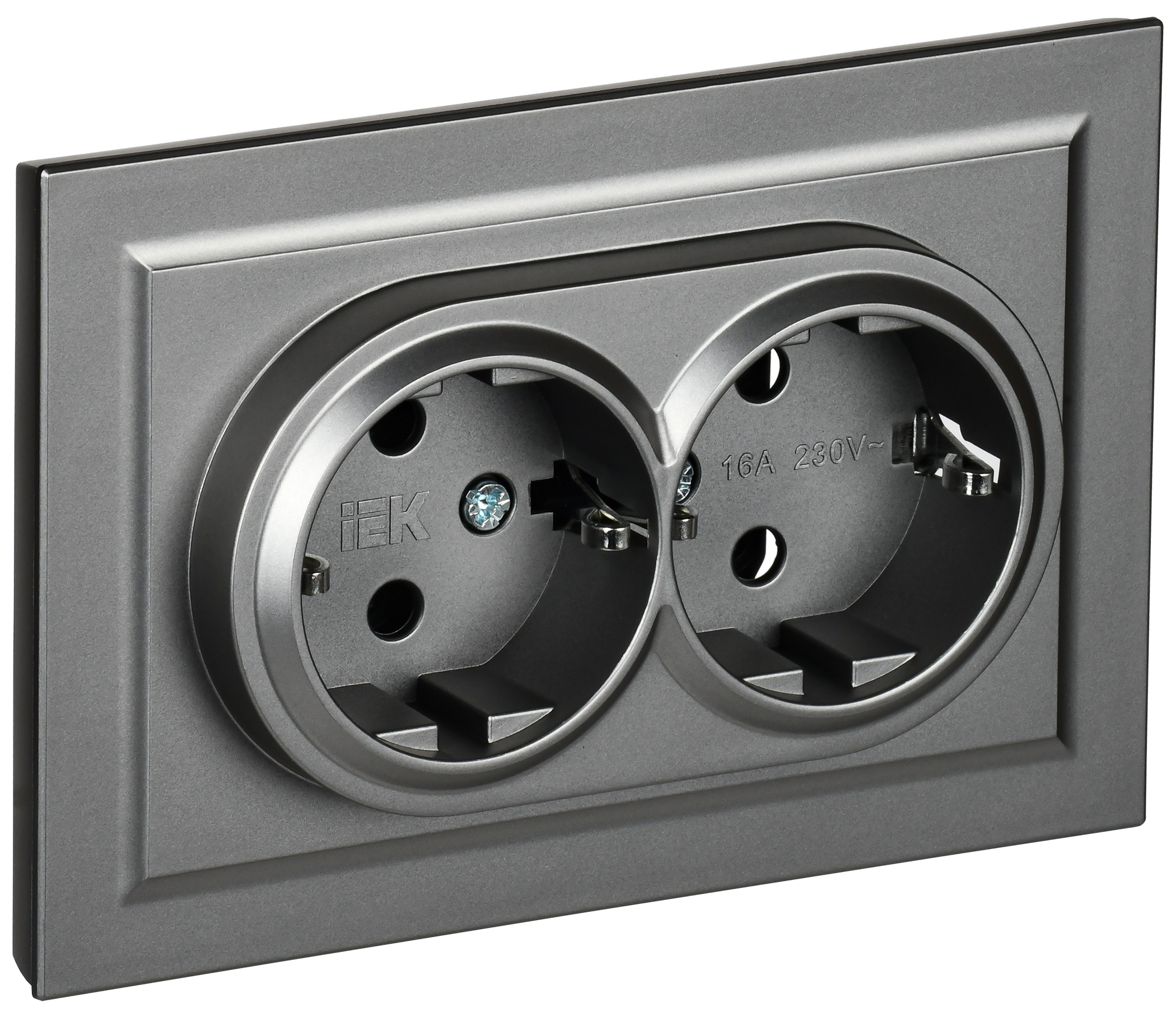 BRITE Розетка 2-местная с заземлением с защитными шторками 16А в сборе РСш12-3-БрС сталь IEK