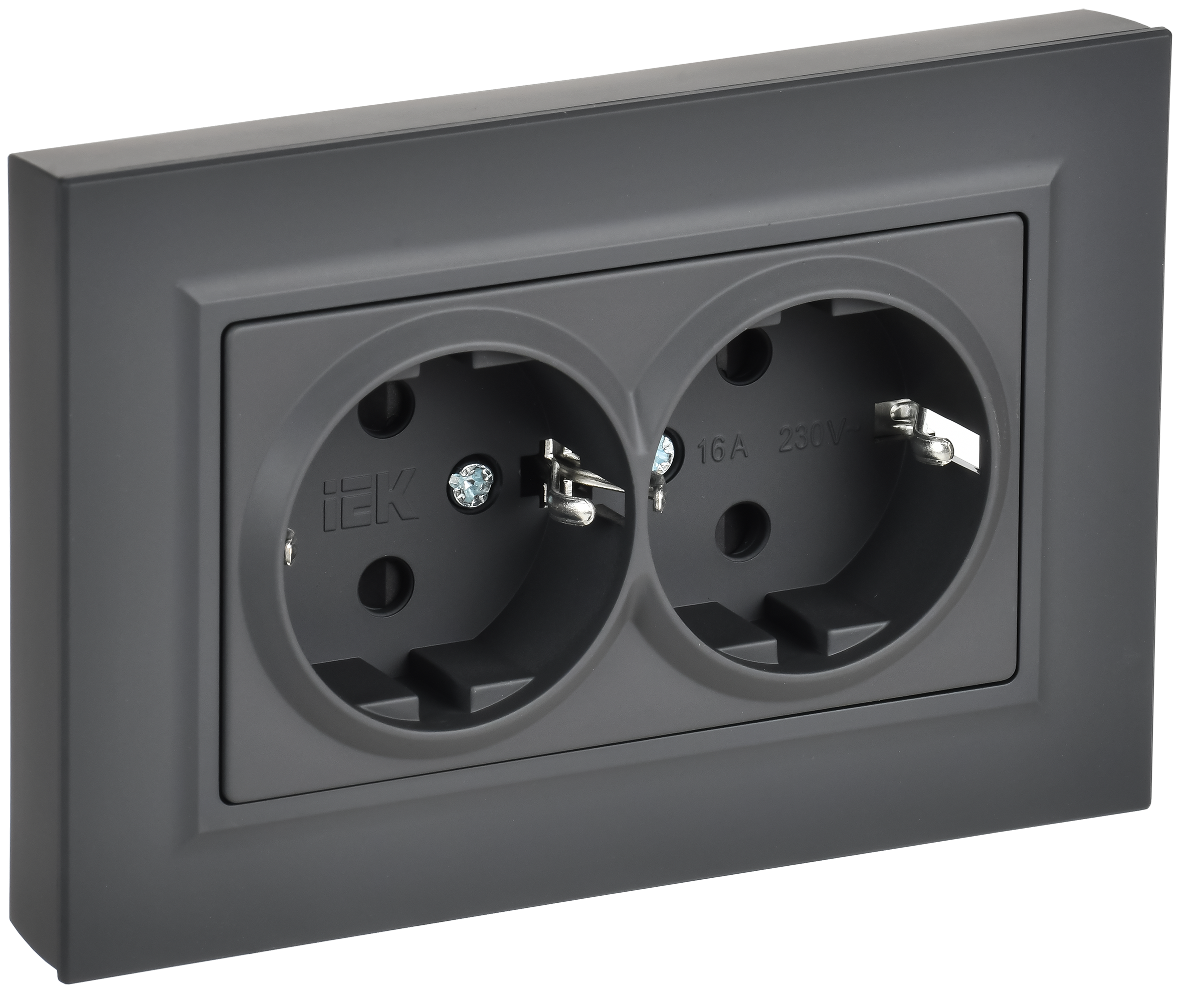 BRITE Розетка 2-местная с заземлением с защитными шторками плоская 16А в сборе РСшПл12-3-БрГ графит IEK BR-R28-16-K53-F