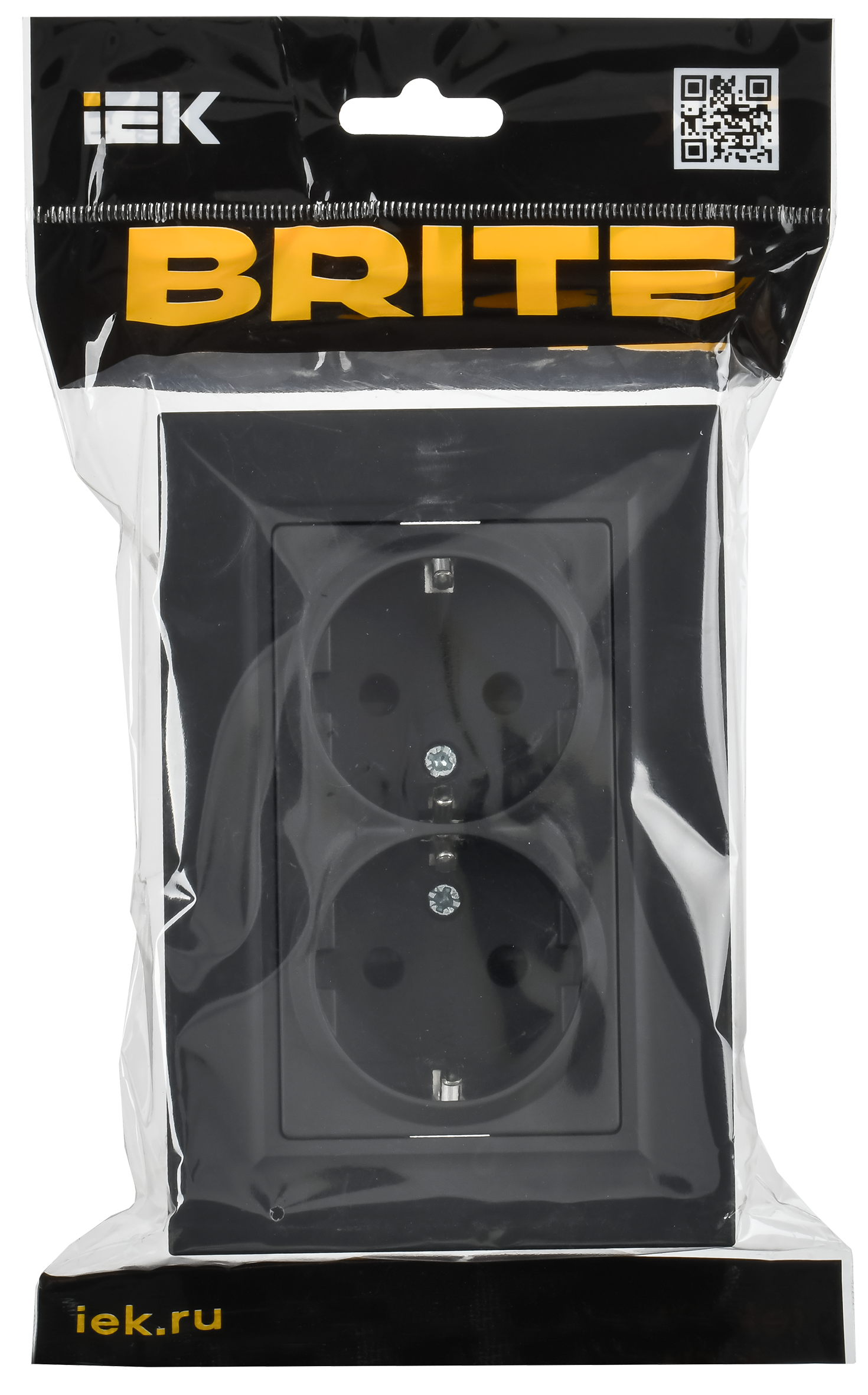 BRITE Розетка 2-местная с заземлением с защитными шторками плоская 16А в сборе РСшПл12-3-БрГ графит IEK - Фото 2