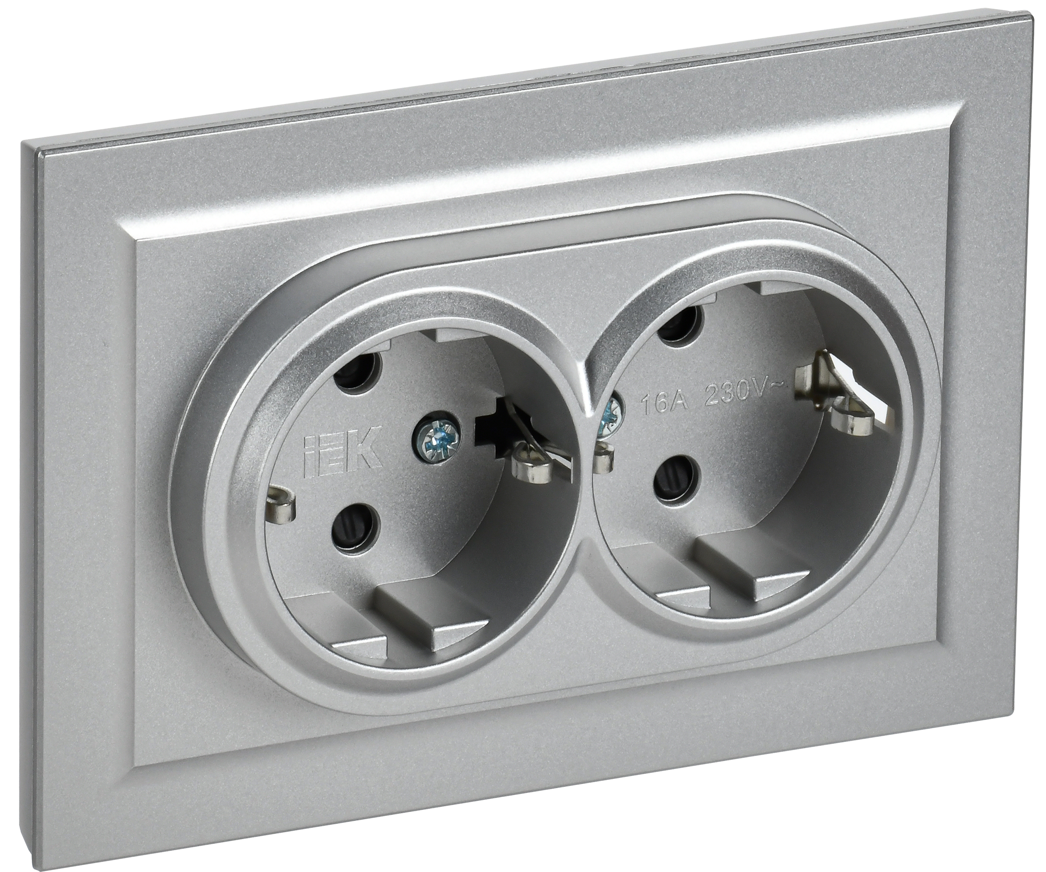 BRITE Розетка 2-местная с заземлением с защитными шторками 16А в сборе РСш12-3-БрА алюминий IEK BR-R24-16-K47-F