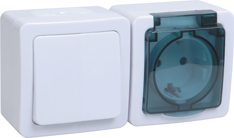 Блок горизонтальный для открытой установки БГб-22-31-ГПБд (Выключатель 1-клавишный + розетка 1-местная с заземляющим контактом) IP54 ГЕРМЕС PLUS (белы EBGMP20-K03-31-54-EC