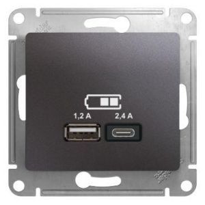 Розетка USB Glossa тип A+C 5В/2.4А 2х5В/1.2А механизм графит SE GSL001339 1340098