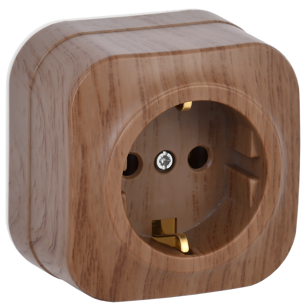 GLORY Розетка 1-местная для открытой установки с заземлением без защитных шторок 16А РС20-3-ХД дуб IEK ERH11-K24-16