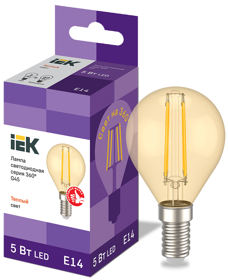 Лампа светодиодная G45 шар золото 5Вт 230В 2700К E14 серия 360° IEK LLF-G45-5-230-30-E14-CLG