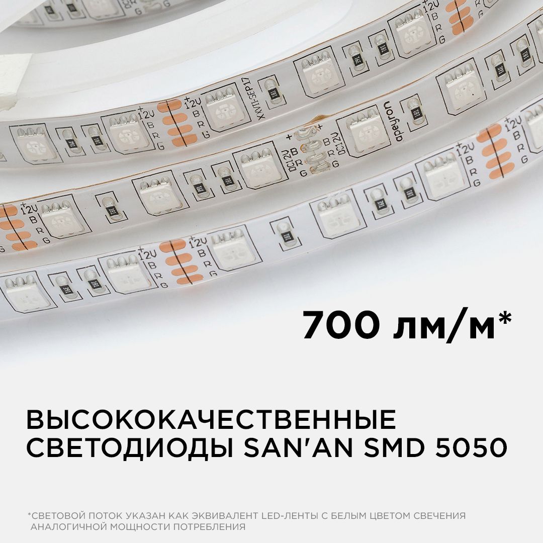Лента светодиодная СТ smd5050 60д/м 12В IP65 5м RGB Apeyron - Фото 3