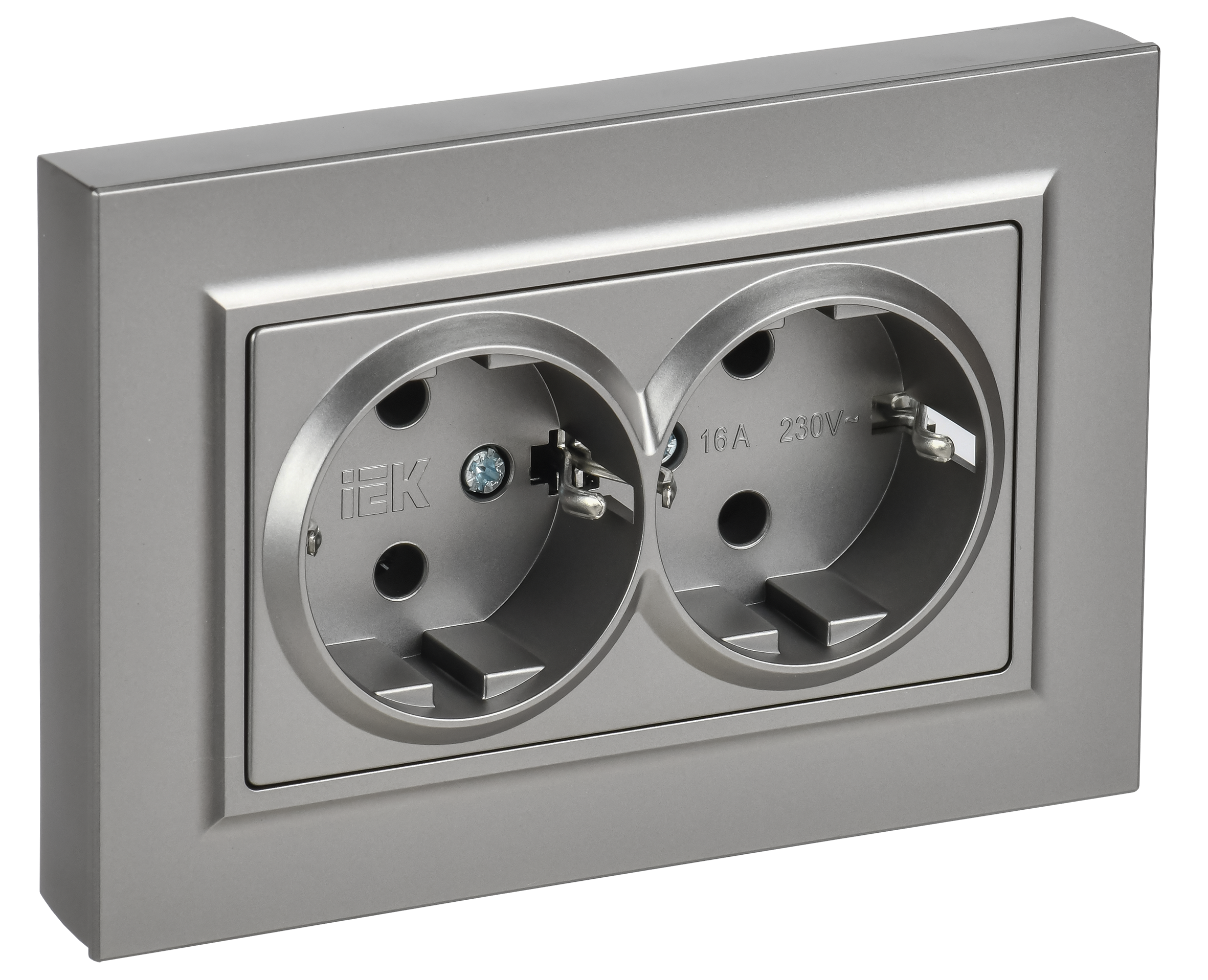 BRITE Розетка 2-местная с заземлением без защитных шторок плоская 16А в сборе РСПл12-3-БрС сталь IEK BR-R27-16-K46-F