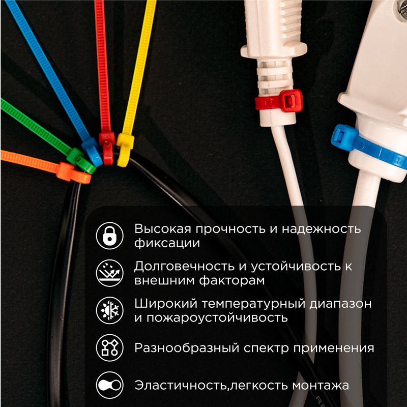 Стяжка кабельная нейлоновая 100x2,5мм, набор 5 цветов (25 шт/уп) REXANT - Фото 2