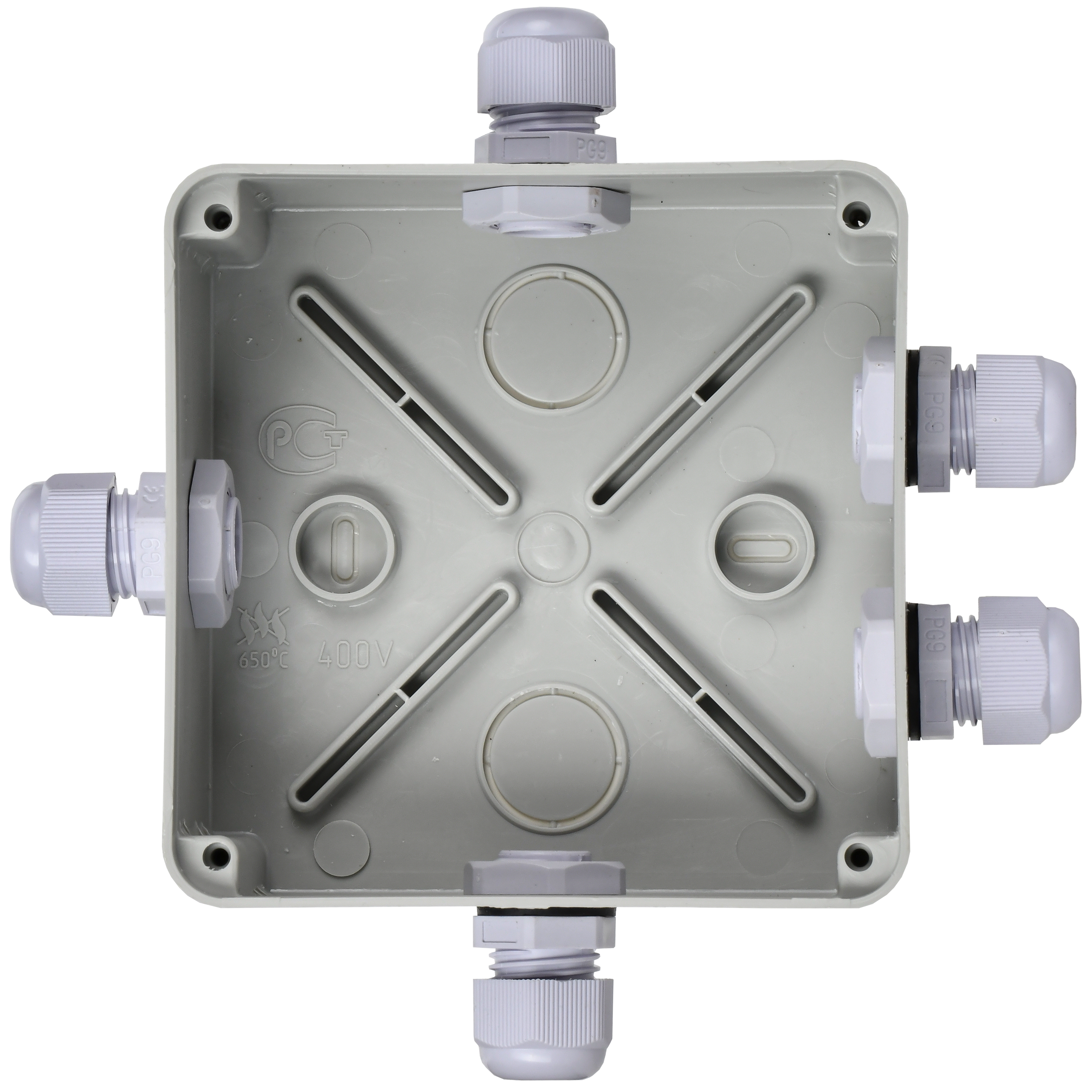 Коробка распаячная КМ41330 для открытой проводки безгалогенная (HF) 100х100х50мм IP55 5 гермовводов PG9 серая IEK - Фото 3
