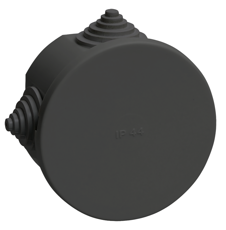 Коробка распаячная КМ41237 для открытой проводки с защелкивающейся крышкой безгалогенная (HF) D=75х40мм IP44 4 гермовводов черная (RAL 9005) IEK UKO21-075-040-000-K02-44