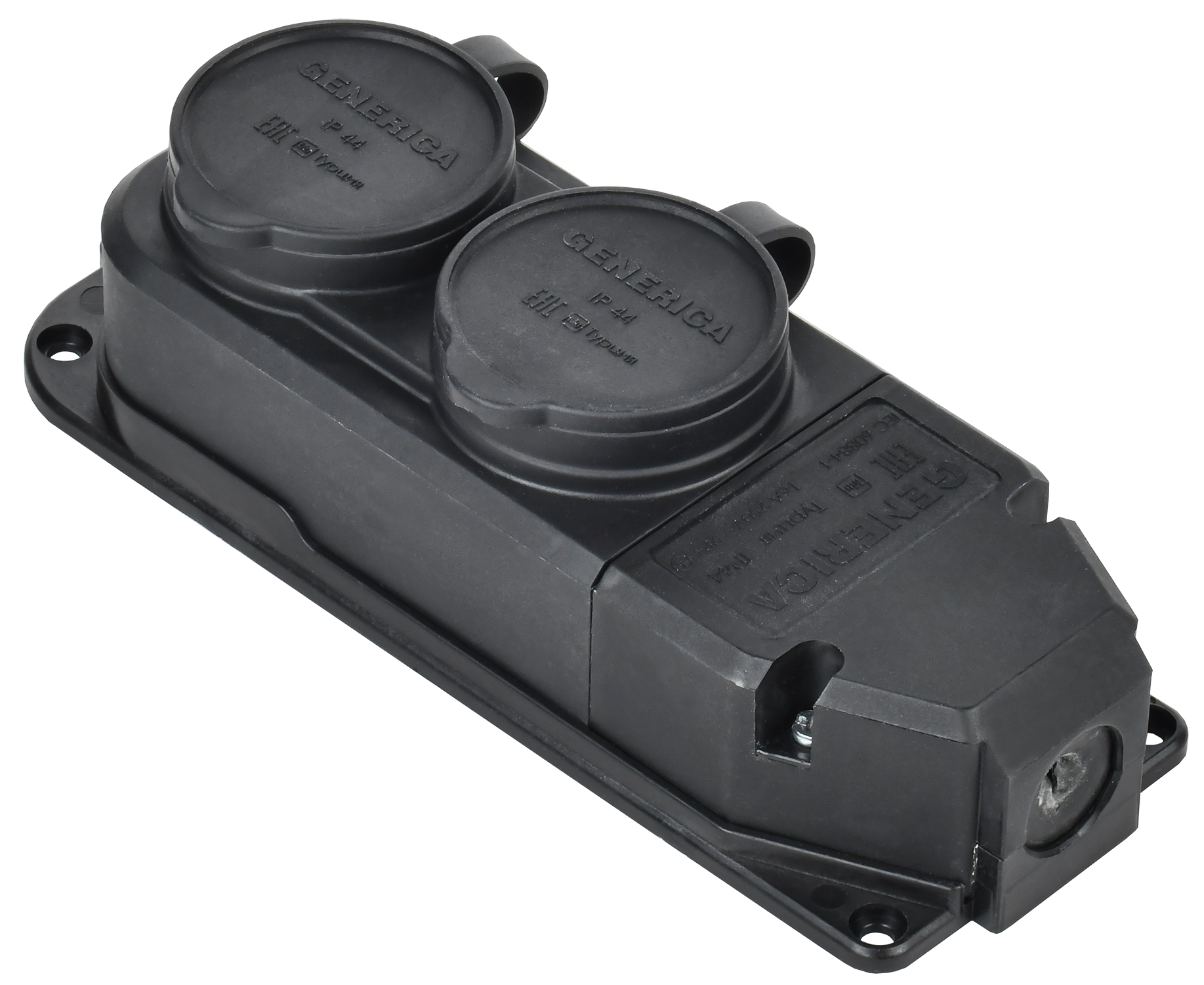 Розетка (колодка) двухместная с защитной крышкой 16А IP44 каучук черная GENERICA ERK20-016-02-44-K02-G
