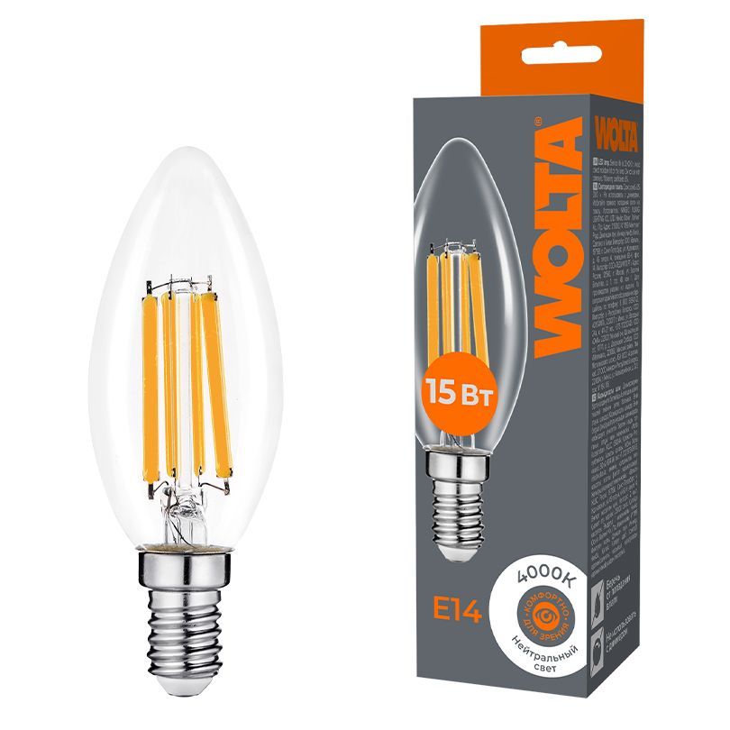 Светодиодная лампа WOLTA Filament, AC 220-240В, 50/60 Гц, прозрачное стекло, "Свеча", C35, E14, 15 Вт, 1200 лм, 4000 К, 1/10/100 WF-C35-15W4KE14