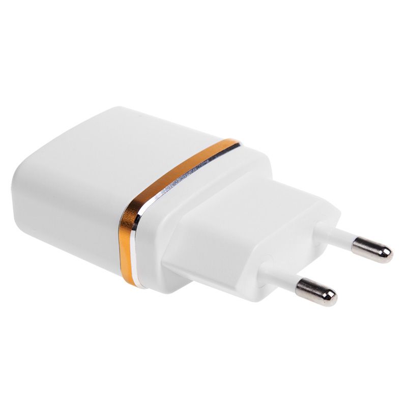 Сетевое зарядное устройство USB (СЗУ) (5 V, 2100 mA) белое с золотой полоской REXANT