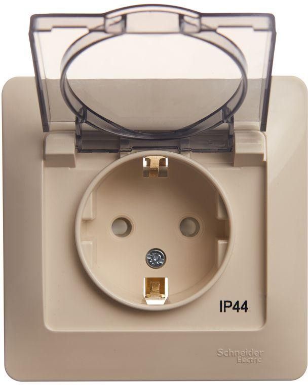 Розетка 1-м СП Glossa 16А IP44 с заземл. защ. шторки с крышкой в сборе беж. SE GSL000248