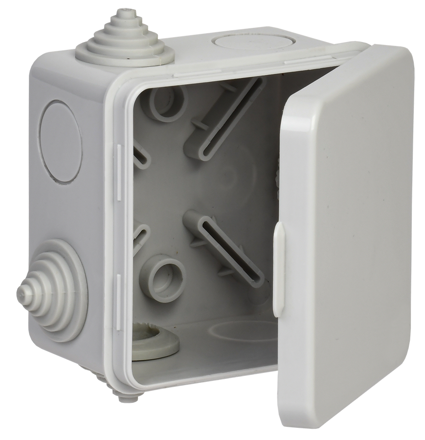 Коробка распаячная для о/п 80х80х50мм IP54 с откидной крышкой КМ41238 безгалогенная (HF) 7 гермовводов серая IEK