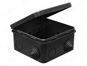 Коробка распаячная для о/п 100х100х50мм IP54 (48шт) ЧЕРНАЯ с откидной крышкой, 8 гермовводов. 4 саль GE41256-05