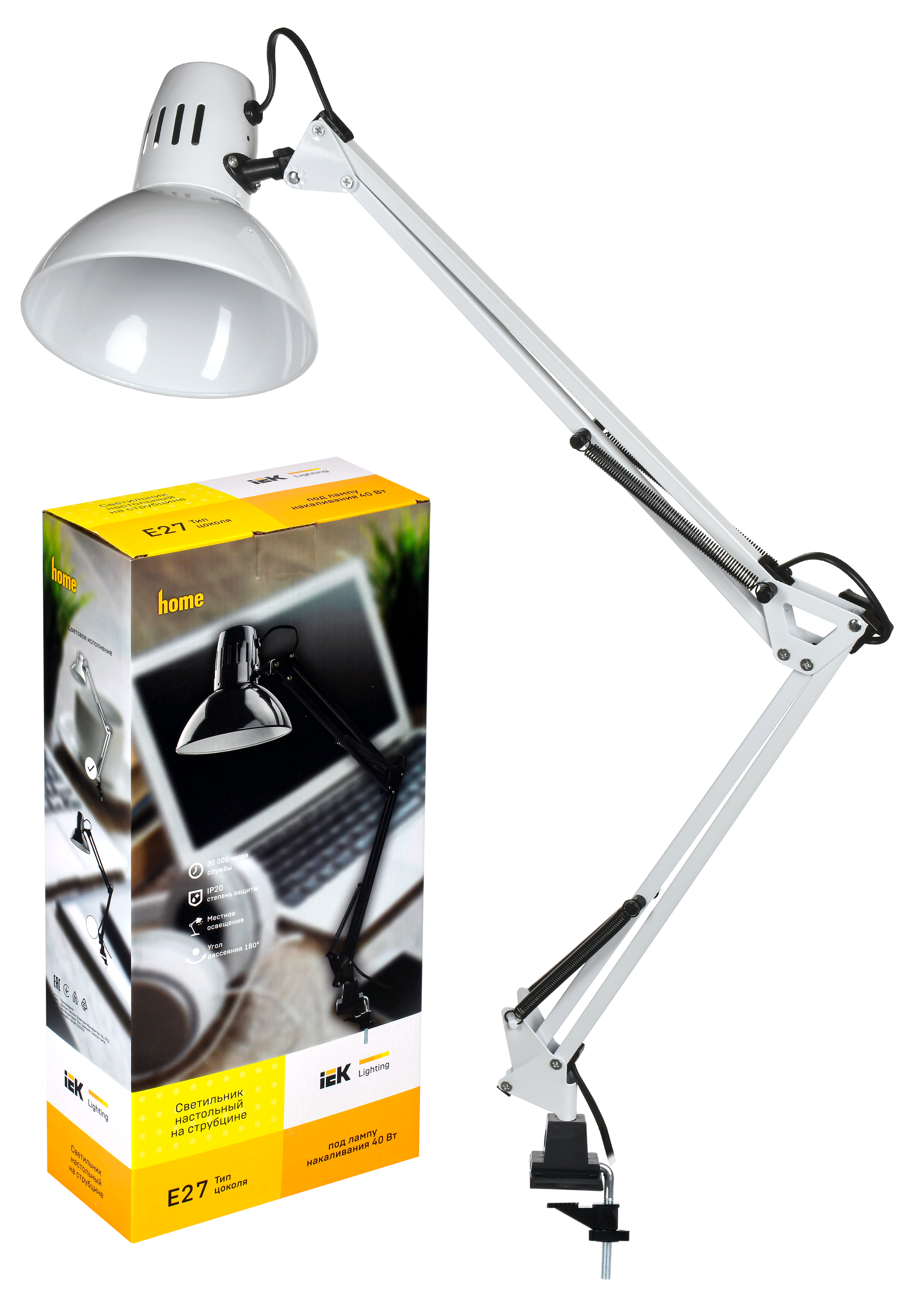 LIGHTING Светильник настольный 1014 пантограф на струбцине Е27 белый IEK - Фото 2