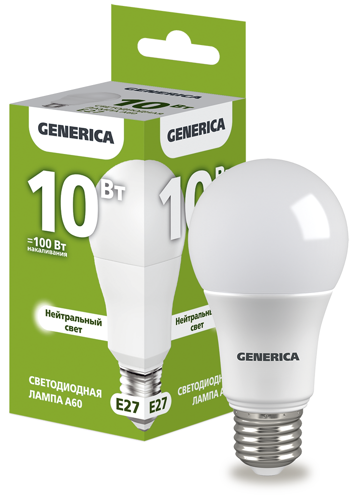 Лампа светодиодная A60 груша 10Вт 230В 4000К E27 GENERICA LL-A60-10-230-40-E27-G
