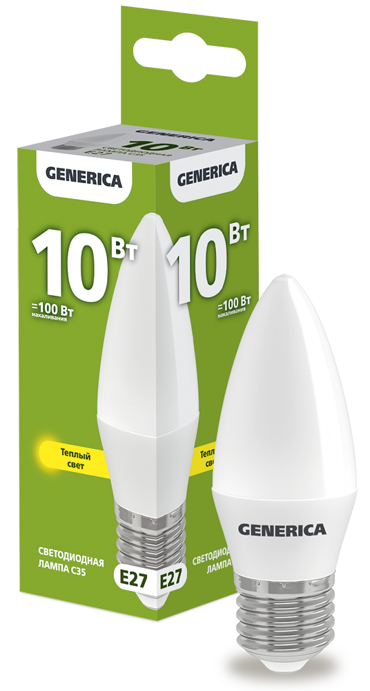 Лампа светодиодная C35 свеча 10Вт 230В 3000К E27 GENERICA LL-C35-10-230-30-E27-G